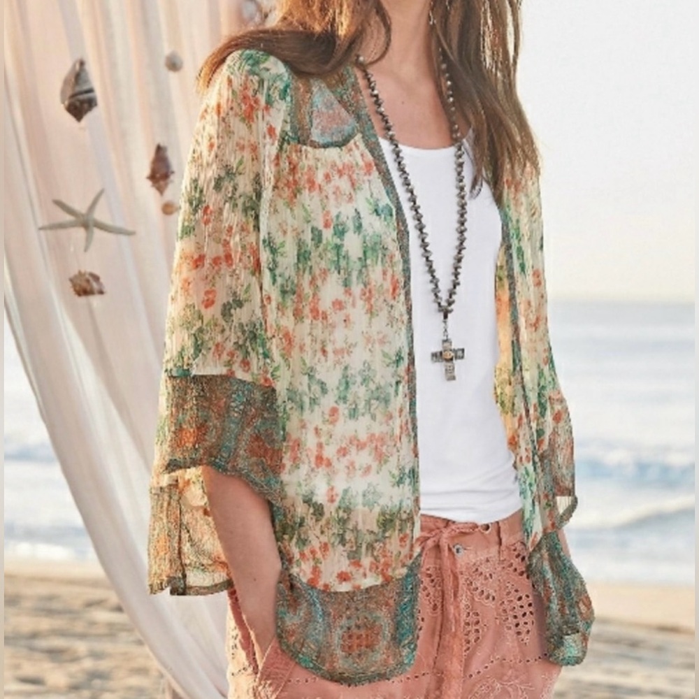 SUNDANCE Falling Petals Kimono Top Blouse Floral Dolman Sleeve Chiffon Cupro